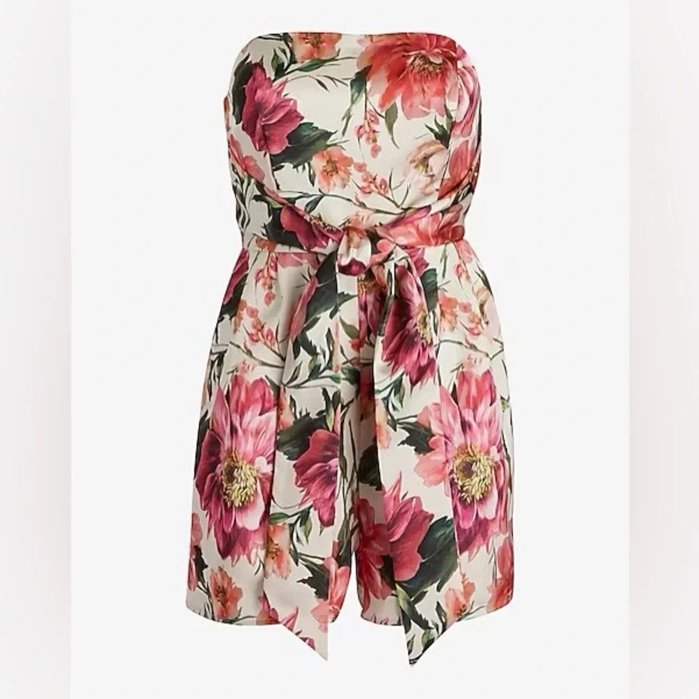 Gorgeous Women's Express Satin Floral Strapless Tie Waist Romper Size 6
